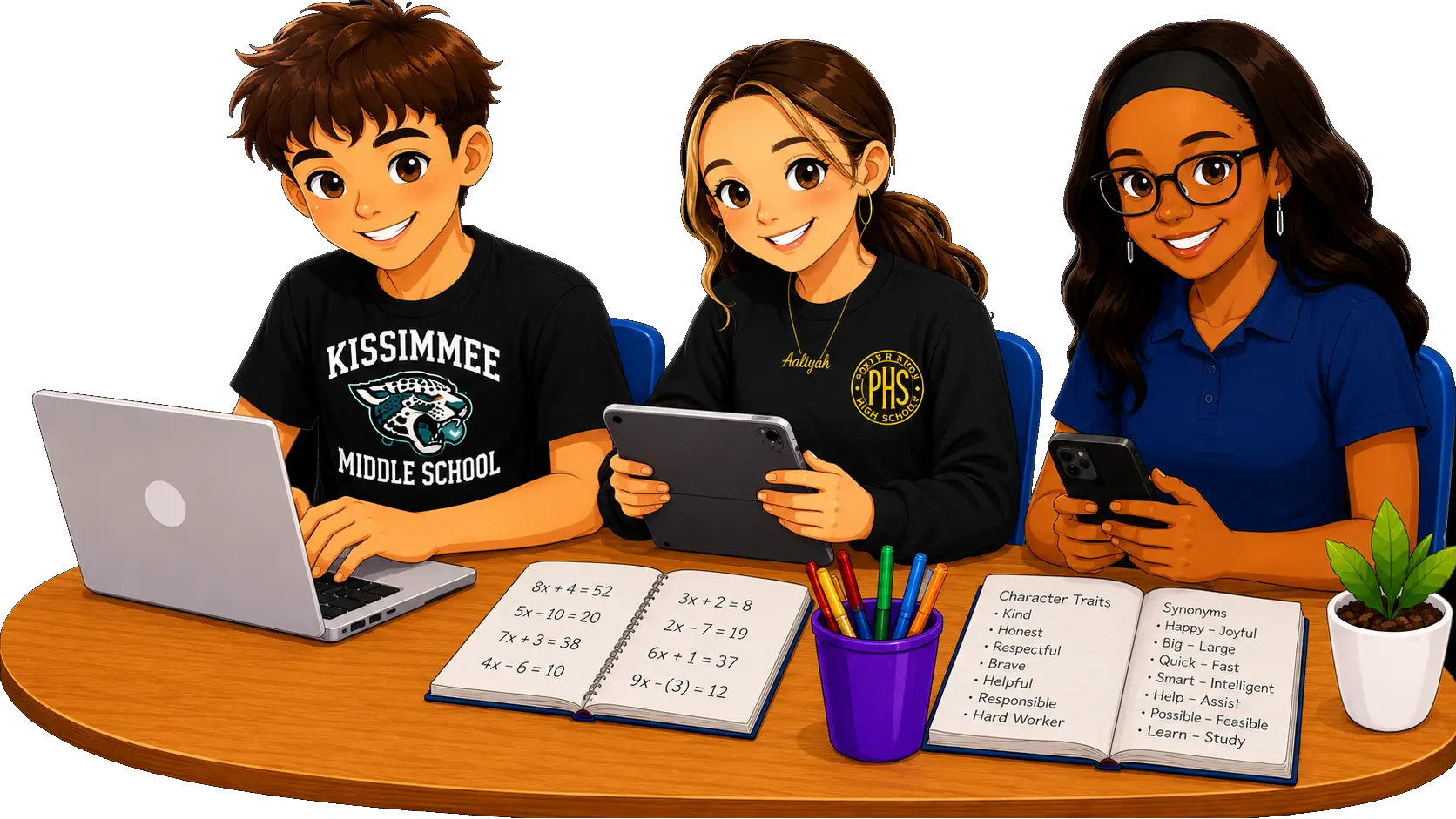 Students studying with a laptop and books.